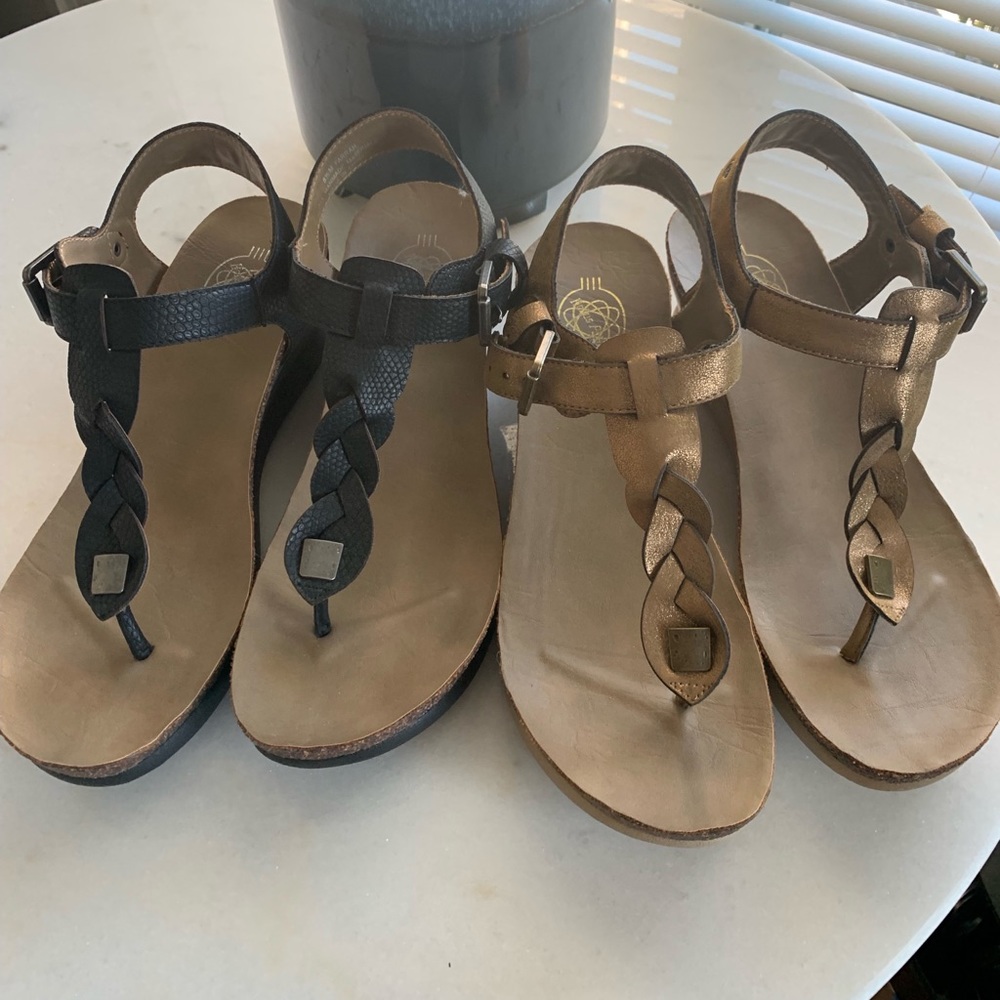 Hokus Pokus Farrah sandals, 2 pair, one black and one bronze, size 8.5.
